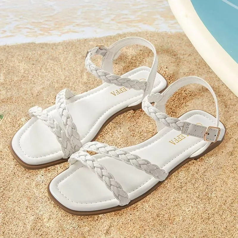 Women's Braided Flat Sandals - Comfortable Cute Square Open Toe Slingback Summer Shoes with Adjustable Ankle Buckle