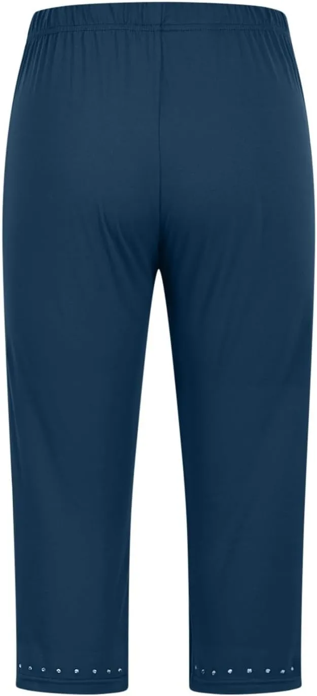 Womens Capris Leggings Yoga Pants with Pockets Plus Size High Waisted Stretch Capris Rhinestone Trim Tights