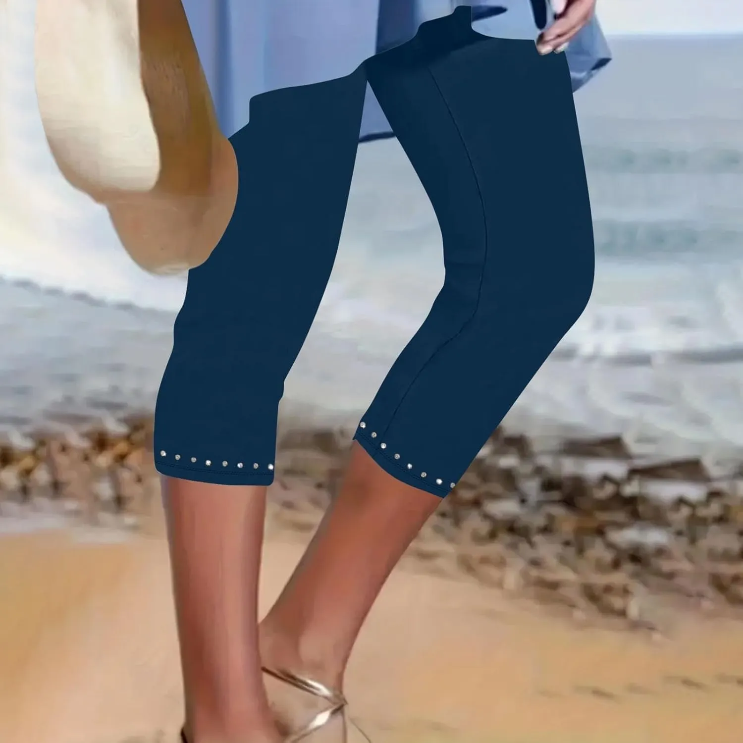 Womens Capris Leggings Yoga Pants with Pockets Plus Size High Waisted Stretch Capris Rhinestone Trim Tights