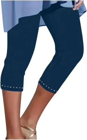 Womens Capris Leggings Yoga Pants with Pockets Plus Size High Waisted Stretch Capris Rhinestone Trim Tights