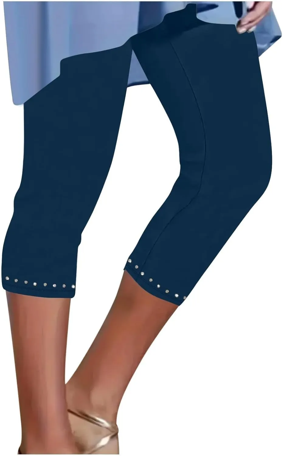 Womens Capris Leggings Yoga Pants with Pockets Plus Size High Waisted Stretch Capris Rhinestone Trim Tights