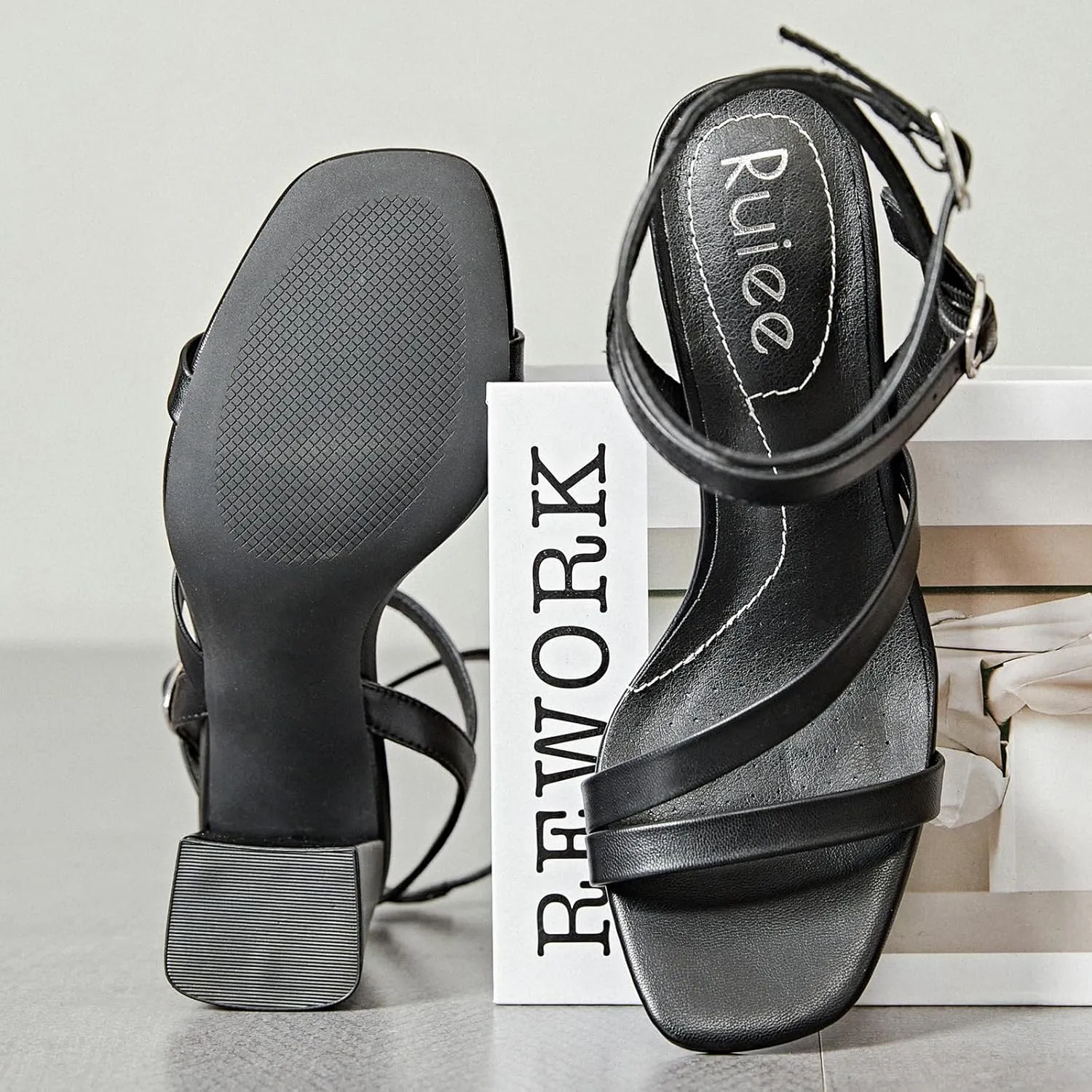 Women's Chunky Heeled Sandals - Square Open Toe Ankle Strappy Dressy Pump Heels Wedding Party Shoes for Women.