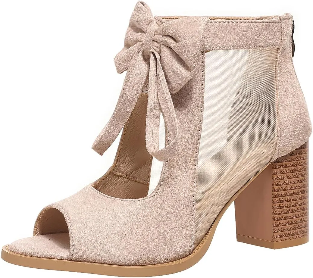 Womens Chunky Heels Sandals Bowknot Peep Toe Block Heeled Party Dress Mesh Dressy Back Zipper Ankle Booties