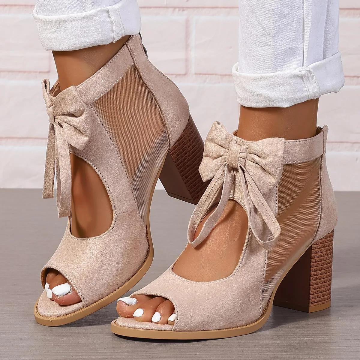 Womens Chunky Heels Sandals Bowknot Peep Toe Block Heeled Party Dress Mesh Dressy Back Zipper Ankle Booties