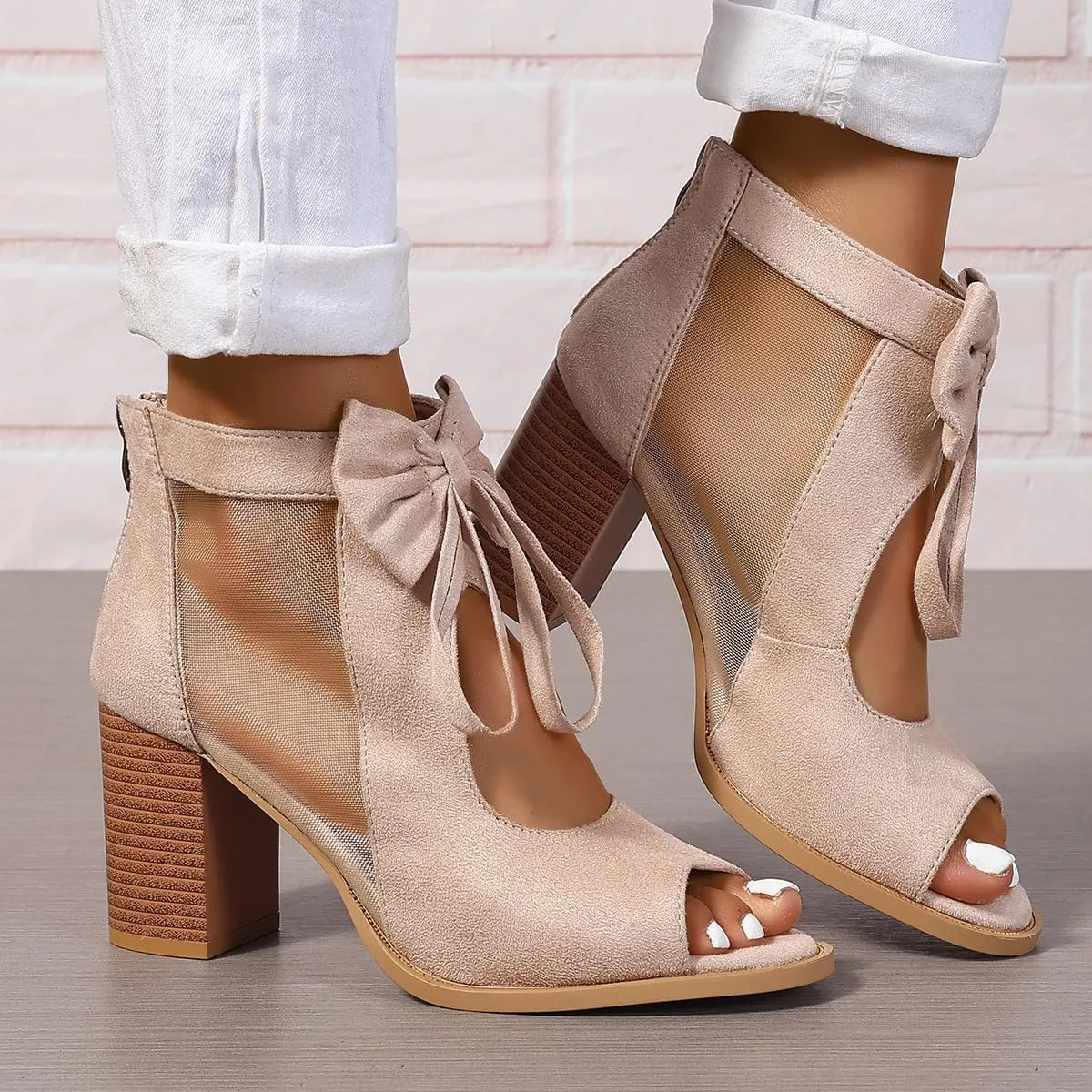 Womens Chunky Heels Sandals Bowknot Peep Toe Block Heeled Party Dress Mesh Dressy Back Zipper Ankle Booties