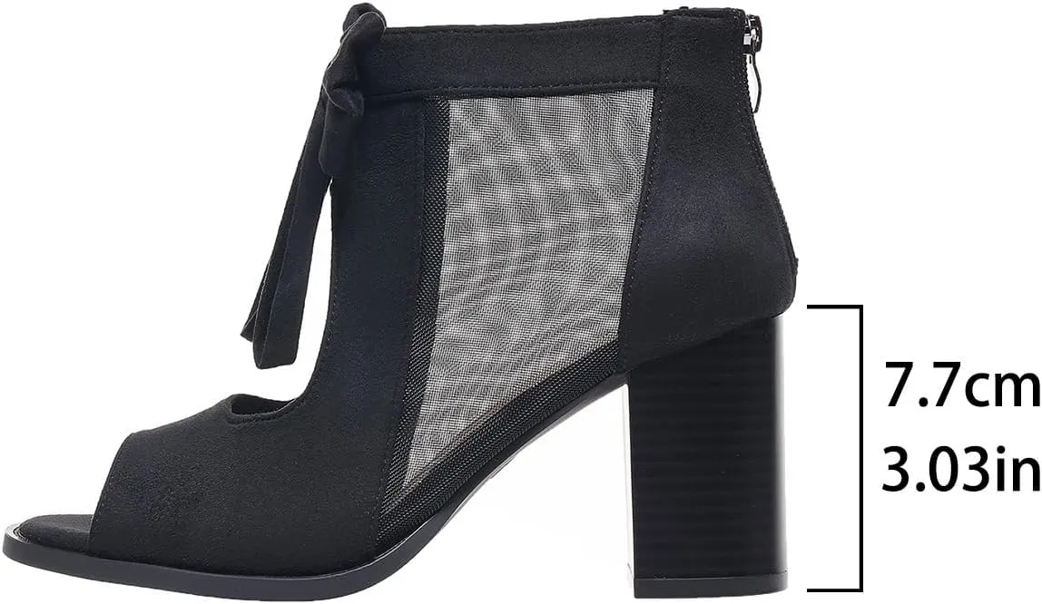 Womens Chunky Heels Sandals Bowknot Peep Toe Block Heeled Party Dress Mesh Dressy Back Zipper Ankle Booties