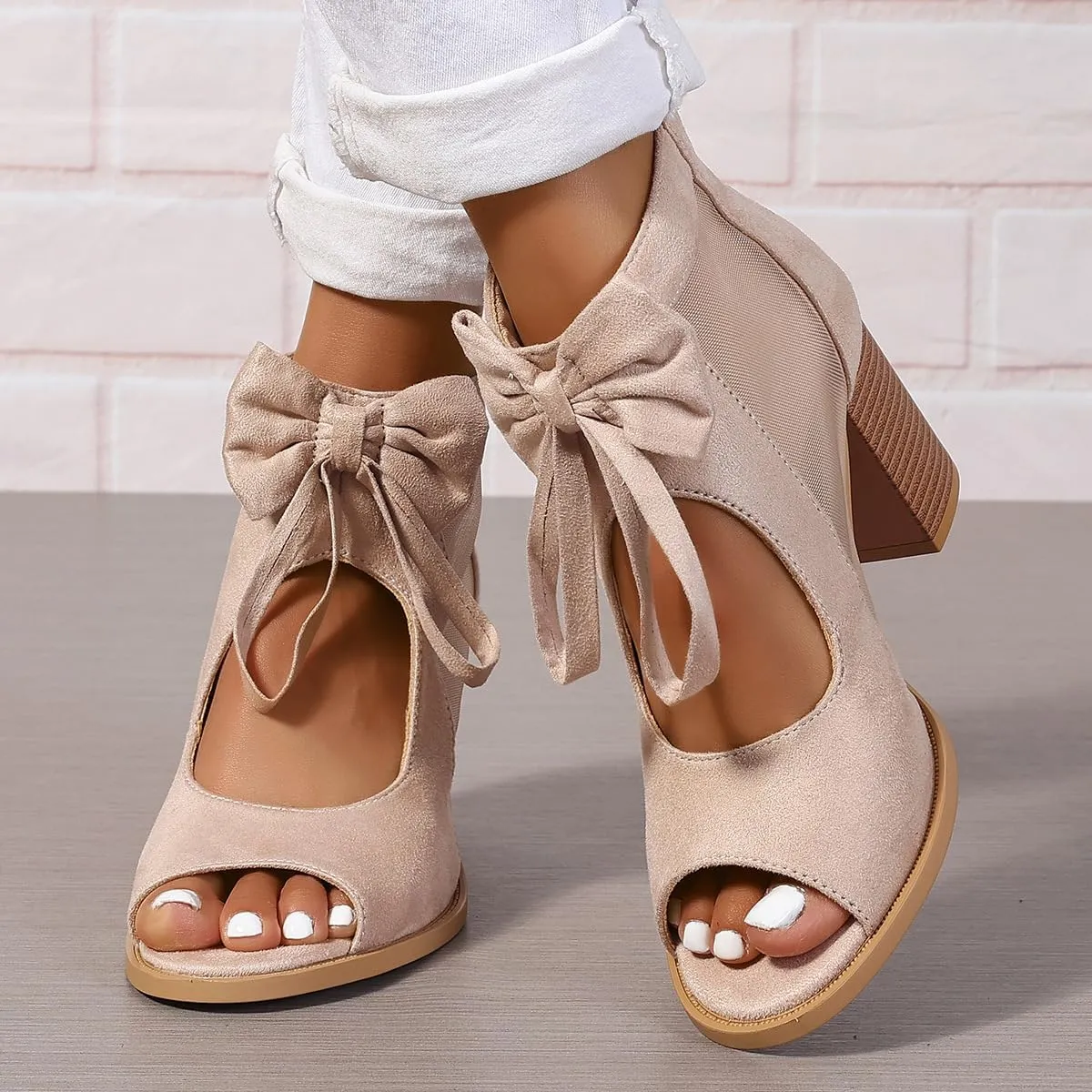 Womens Chunky Heels Sandals Bowknot Peep Toe Block Heeled Party Dress Mesh Dressy Back Zipper Ankle Booties
