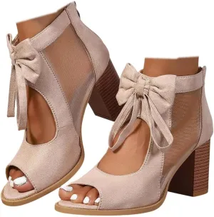Womens Chunky Heels Sandals Bowknot Peep Toe Block Heeled Party Dress Mesh Dressy Back Zipper Ankle Booties