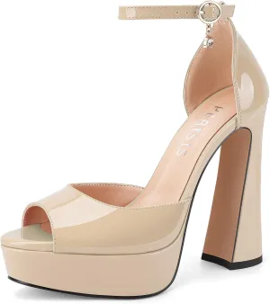 Women's Chunky Platform Heels Patent Leather Block Heeled Sandals Open Peep Toe Dressy Shoes with Ankle Strap Buckle and Rhinestone for Ladies Sexy Summer 5 Inch