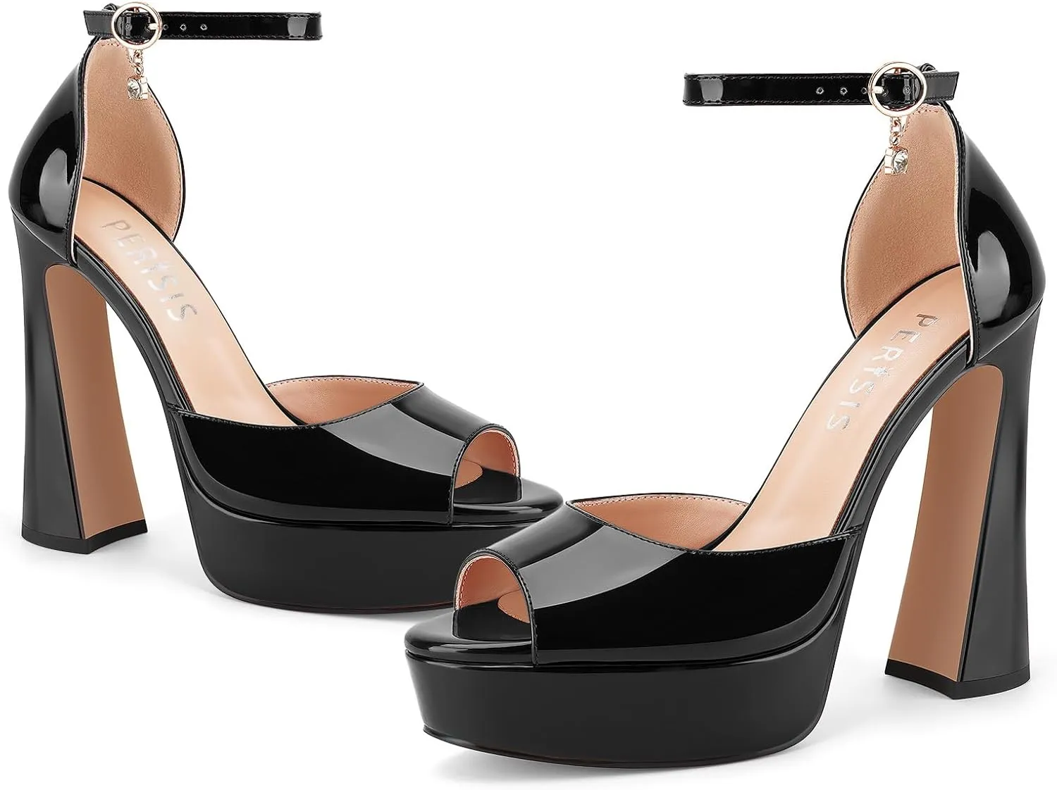Women's Chunky Platform Heels Patent Leather Block Heeled Sandals Open Peep Toe Dressy Shoes with Ankle Strap Buckle and Rhinestone for Ladies Sexy Summer 5 Inch