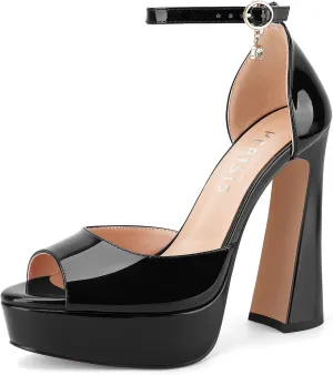 Women's Chunky Platform Heels Patent Leather Block Heeled Sandals Open Peep Toe Dressy Shoes with Ankle Strap Buckle and Rhinestone for Ladies Sexy Summer 5 Inch
