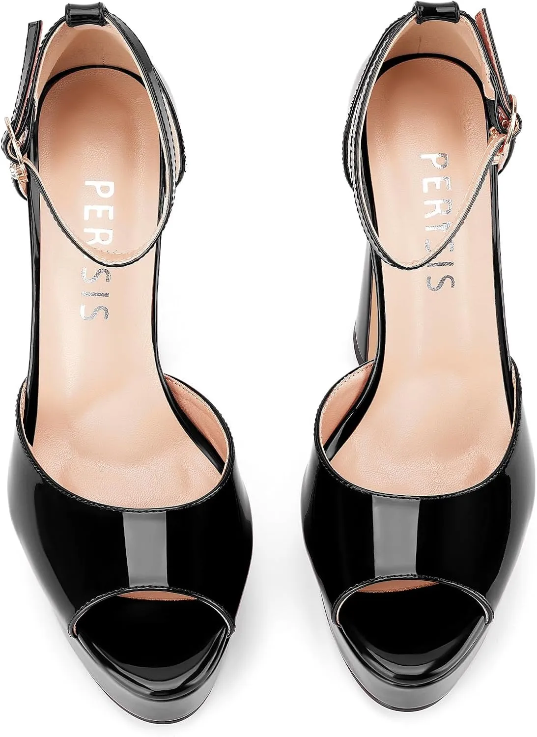 Women's Chunky Platform Heels Patent Leather Block Heeled Sandals Open Peep Toe Dressy Shoes with Ankle Strap Buckle and Rhinestone for Ladies Sexy Summer 5 Inch