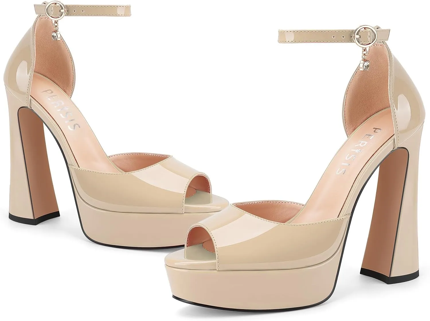 Women's Chunky Platform Heels Patent Leather Block Heeled Sandals Open Peep Toe Dressy Shoes with Ankle Strap Buckle and Rhinestone for Ladies Sexy Summer 5 Inch