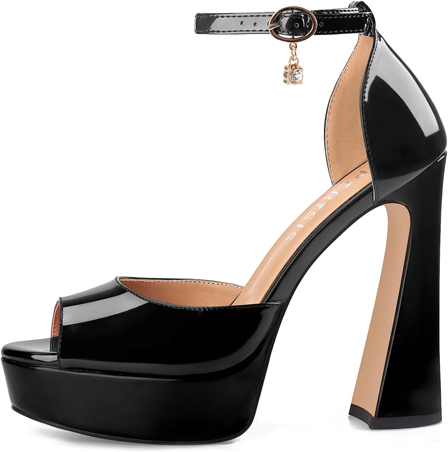 Women's Chunky Platform Heels Patent Leather Block Heeled Sandals Open Peep Toe Dressy Shoes with Ankle Strap Buckle and Rhinestone for Ladies Sexy Summer 5 Inch