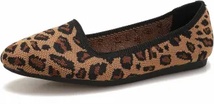 Women's Closed Round Toe Knit Ballet Flats Leopard Print Knitted Flat Shoes for Women Comfortable Work Slip On Flats Office Daily Casual Shoes