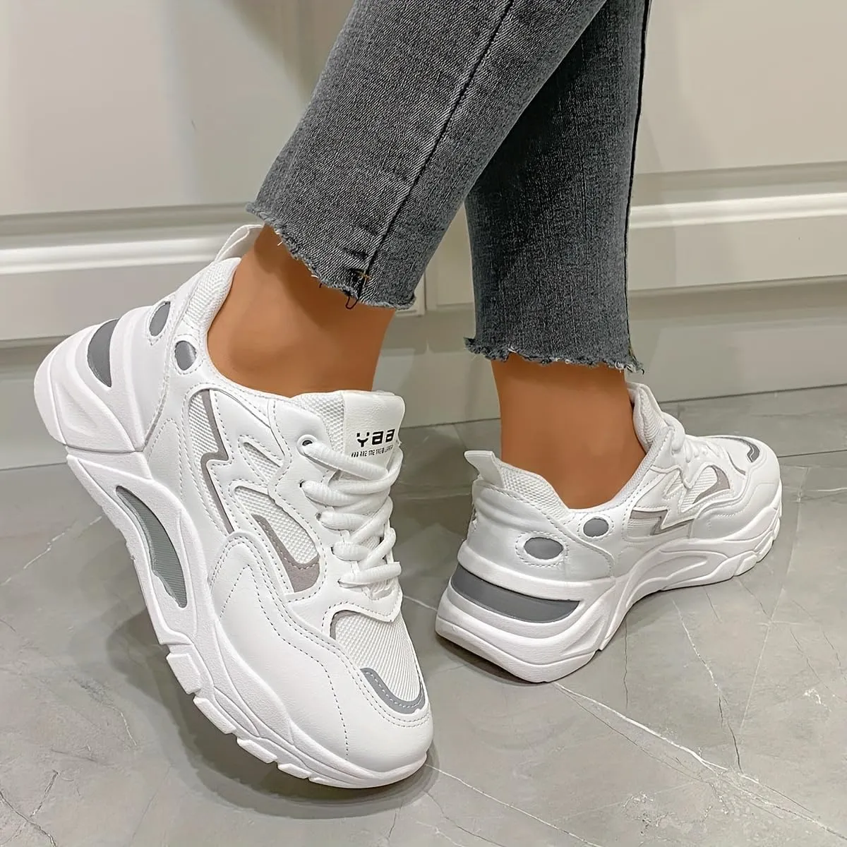 Women's Colorblock Mesh Sneakers, Lace Up Breathable Casual Sporty Trainers, Platform Low-top Running Shoes