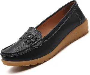 Women's Comfort Leather Flat Slip On Loafers Casual Round Toe Soft Sole Moccasins Boat Shoes Classic Driving Lightweight Penny Work Shoe