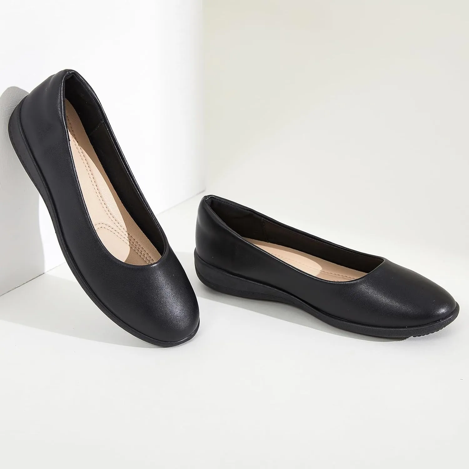 Women's Comfortable Black Leather Dress Ballerina Flats for Office and Work
