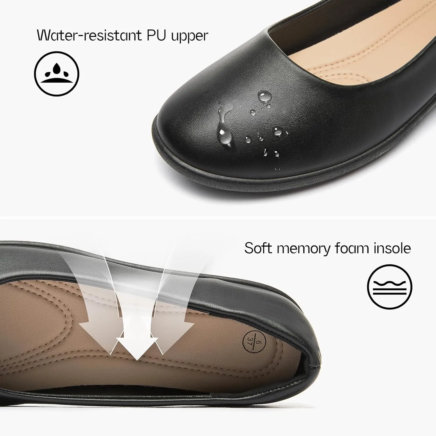 Women's Comfortable Black Leather Dress Ballerina Flats for Office and Work
