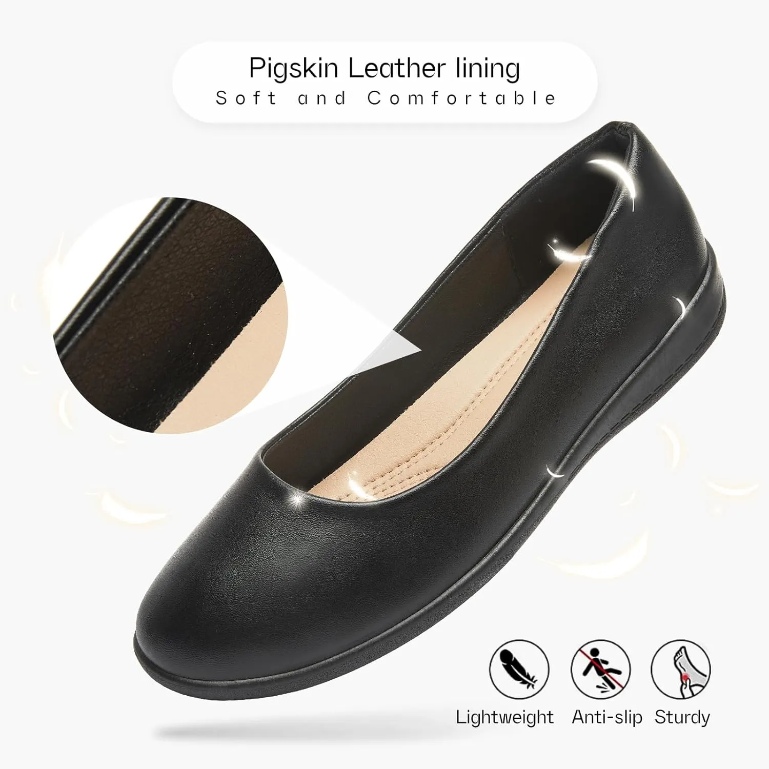 Women's Comfortable Black Leather Dress Ballerina Flats for Office and Work