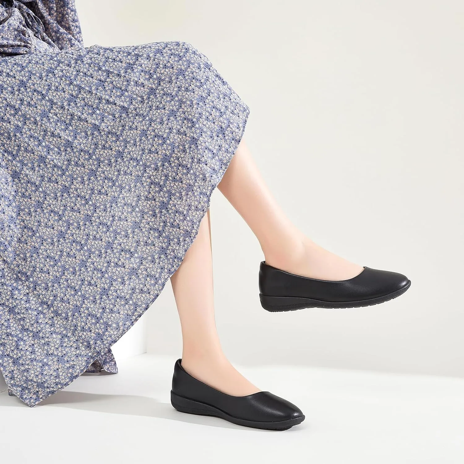 Women's Comfortable Black Leather Dress Ballerina Flats for Office and Work