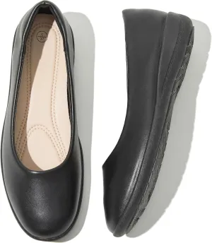 Women's Comfortable Black Leather Dress Ballerina Flats for Office and Work