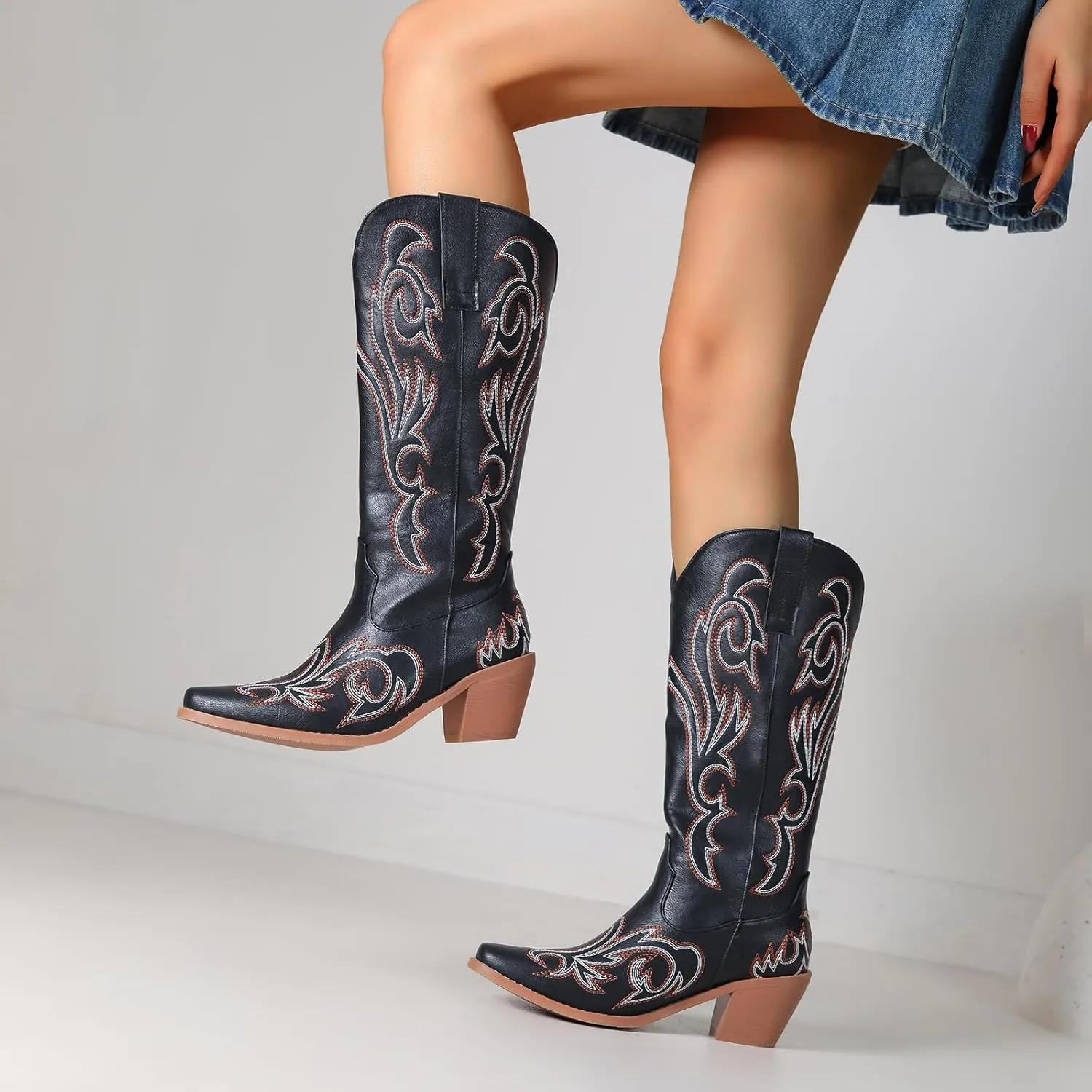 Women's Embroider Cowgirl Boots Snip Toe Slip On Bridal Floral Cowboy Boots Casual Knee High Western Boots