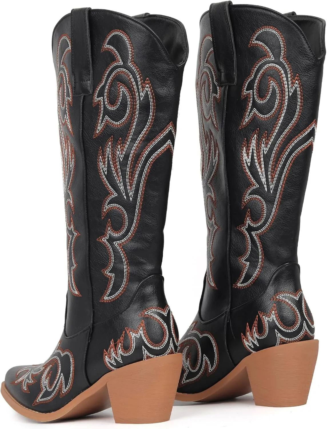 Women's Embroider Cowgirl Boots Snip Toe Slip On Bridal Floral Cowboy Boots Casual Knee High Western Boots