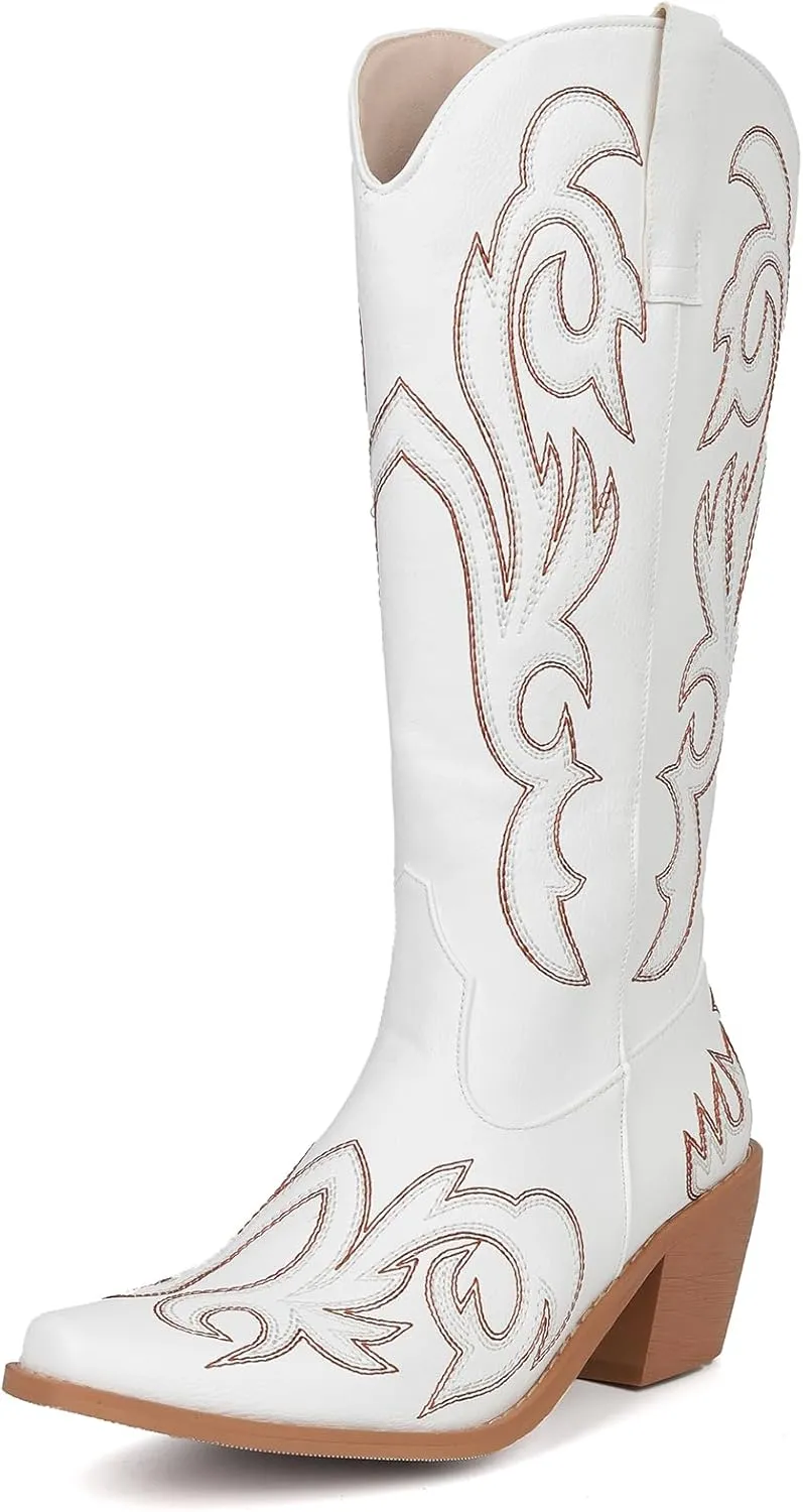 Women's Embroider Cowgirl Boots Snip Toe Slip On Bridal Floral Cowboy Boots Casual Knee High Western Boots