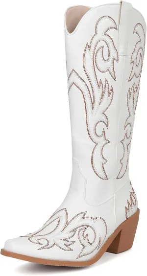 Women's Embroider Cowgirl Boots Snip Toe Slip On Bridal Floral Cowboy Boots Casual Knee High Western Boots