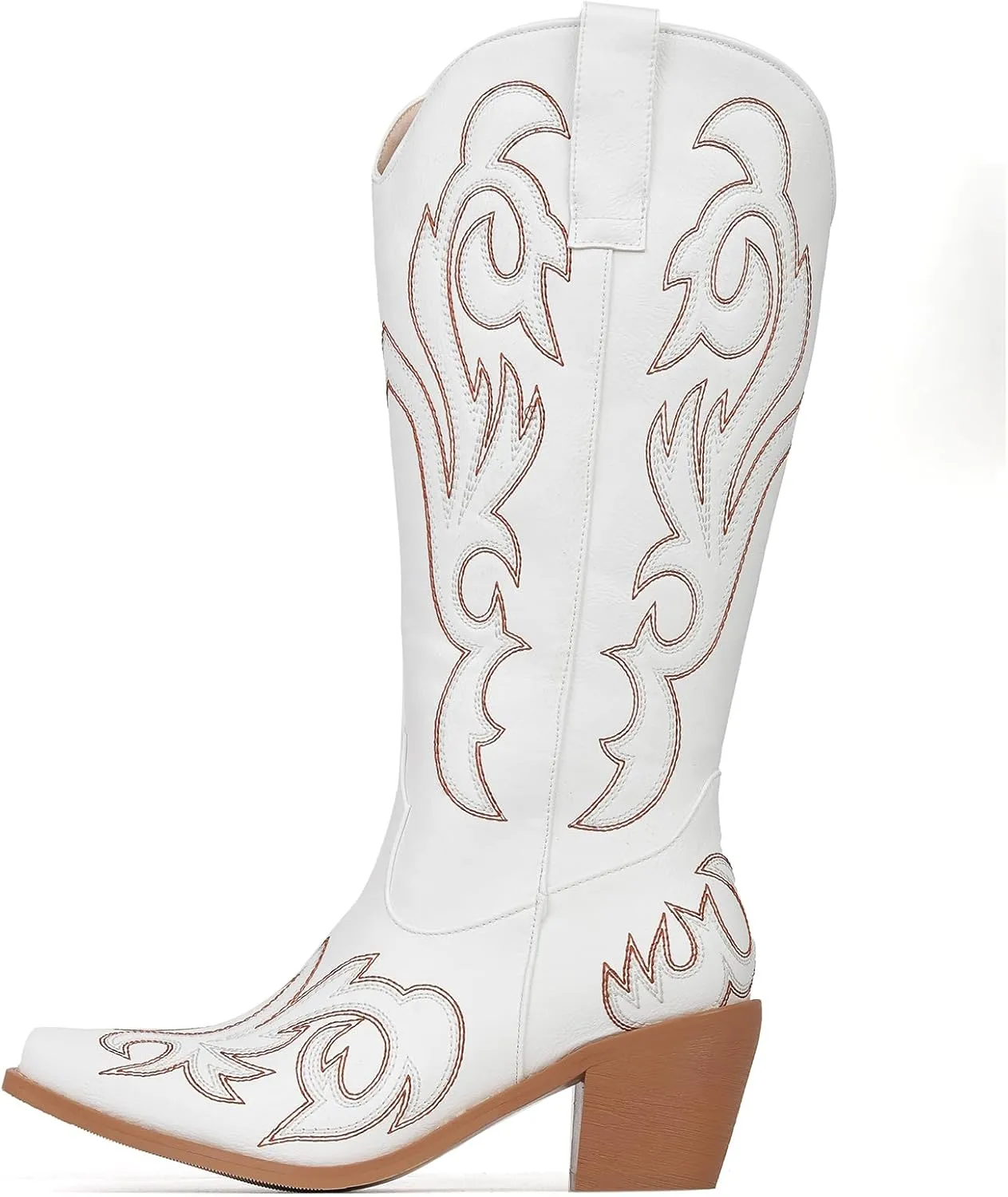 Women's Embroider Cowgirl Boots Snip Toe Slip On Bridal Floral Cowboy Boots Casual Knee High Western Boots