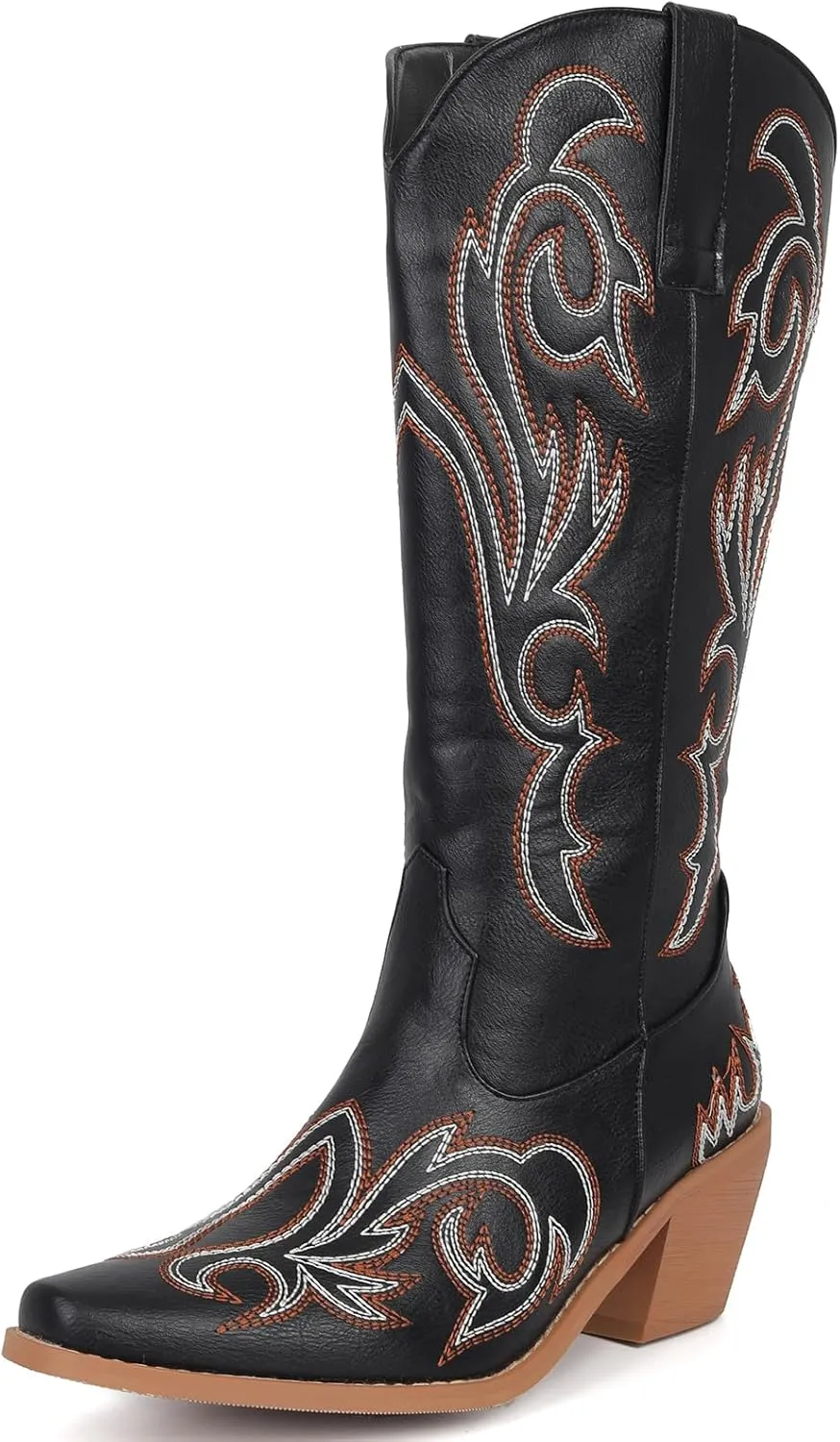 Women's Embroider Cowgirl Boots Snip Toe Slip On Bridal Floral Cowboy Boots Casual Knee High Western Boots