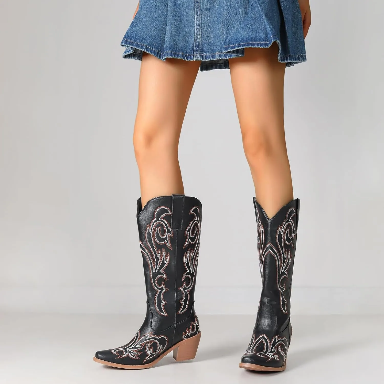 Women's Embroider Cowgirl Boots Snip Toe Slip On Bridal Floral Cowboy Boots Casual Knee High Western Boots