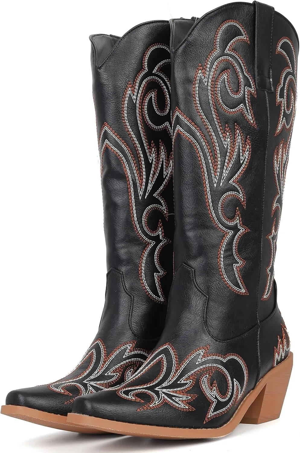 Women's Embroider Cowgirl Boots Snip Toe Slip On Bridal Floral Cowboy Boots Casual Knee High Western Boots