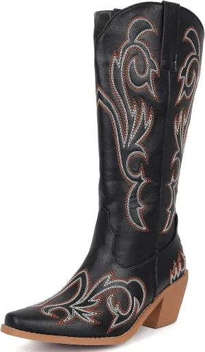 Women's Embroider Cowgirl Boots Snip Toe Slip On Bridal Floral Cowboy Boots Casual Knee High Western Boots