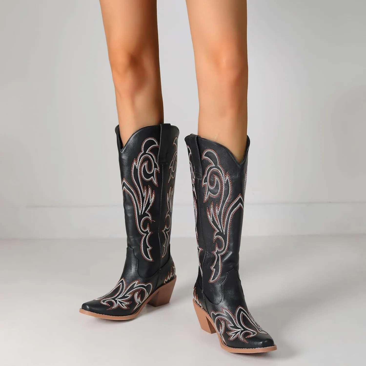 Women's Embroider Cowgirl Boots Snip Toe Slip On Bridal Floral Cowboy Boots Casual Knee High Western Boots