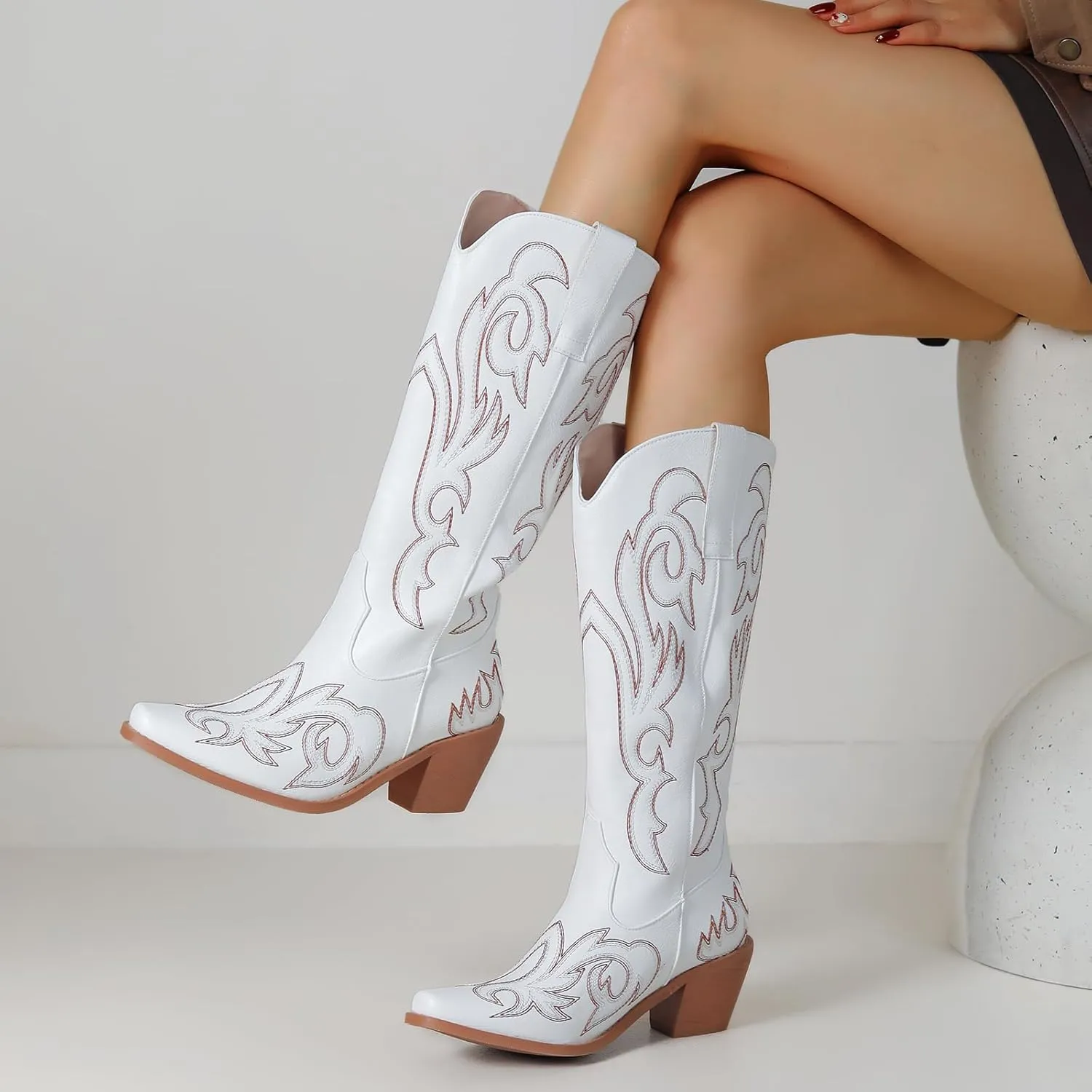 Women's Embroider Cowgirl Boots Snip Toe Slip On Bridal Floral Cowboy Boots Casual Knee High Western Boots