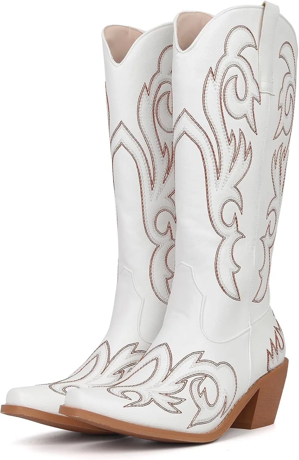 Women's Embroider Cowgirl Boots Snip Toe Slip On Bridal Floral Cowboy Boots Casual Knee High Western Boots
