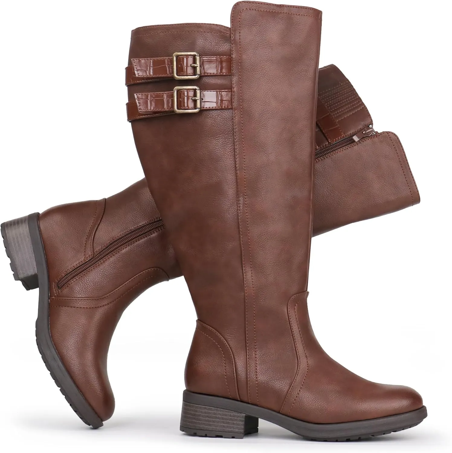 Women's Extra Wide Calf Block Heel Stacked Buckle Hidden Stretch Knee High Boots