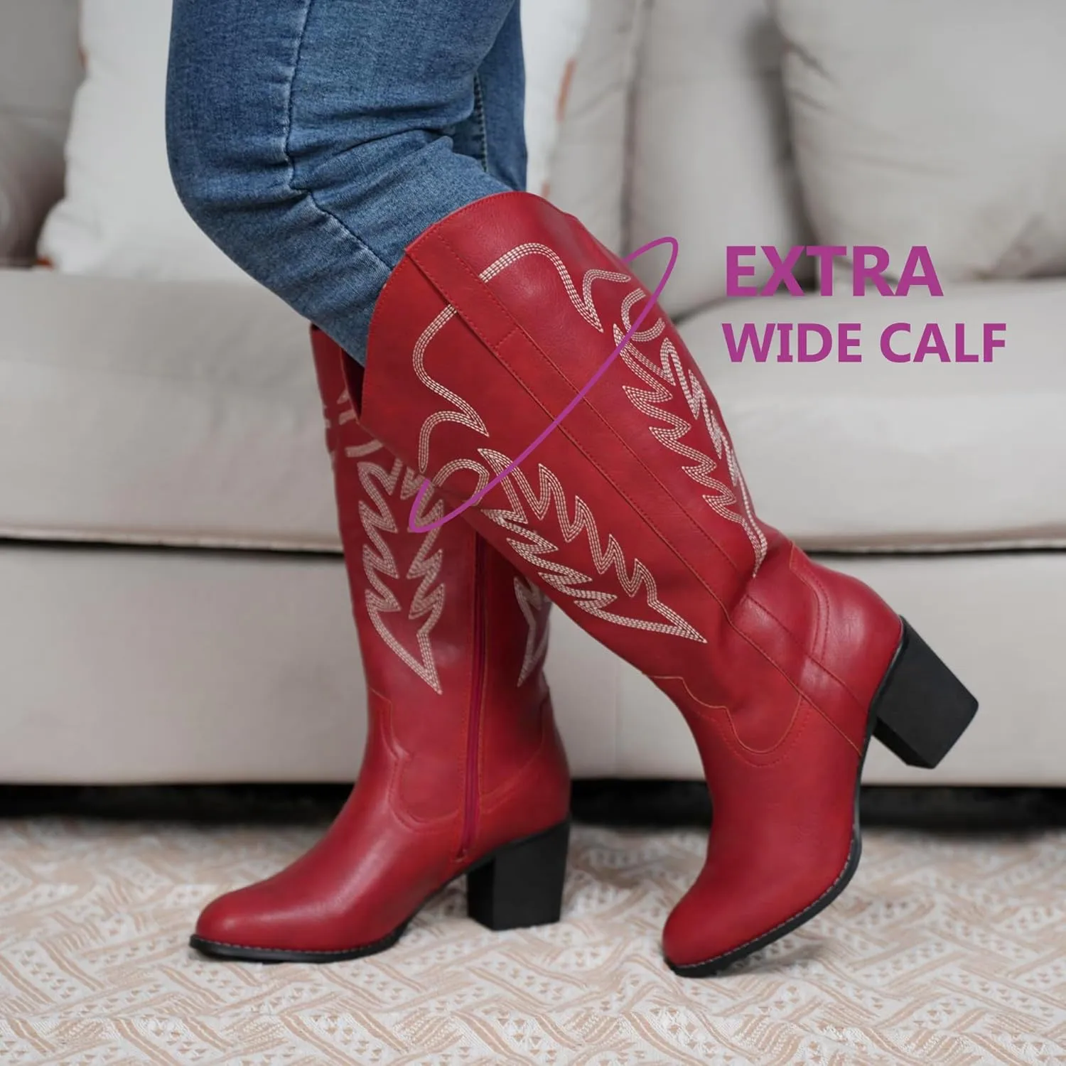 Women's Extra Wide Calf Cowboy Boots Embroidered Western Cowgirl Knee High Boots