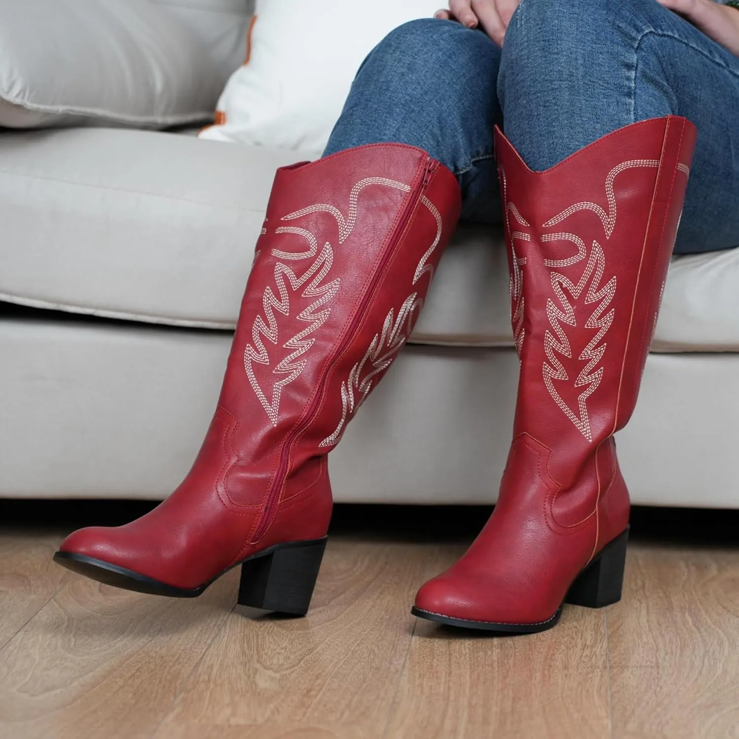 Women's Extra Wide Calf Cowboy Boots Embroidered Western Cowgirl Knee High Boots