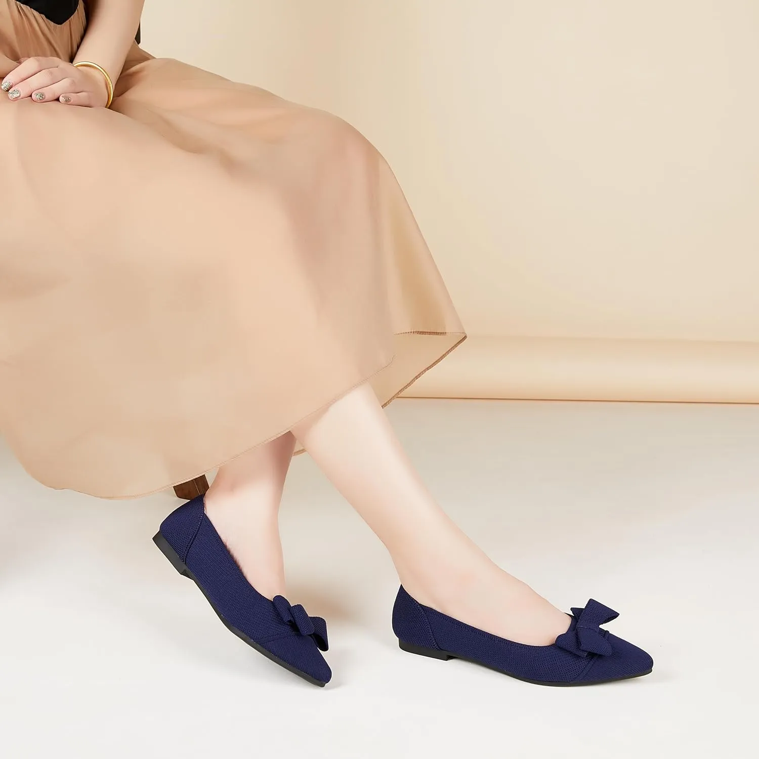 Womens Flats Shoes Pointed Toe Knit Mesh Ballet Flats with Bowknot Comfortable Dressy Washable Flat