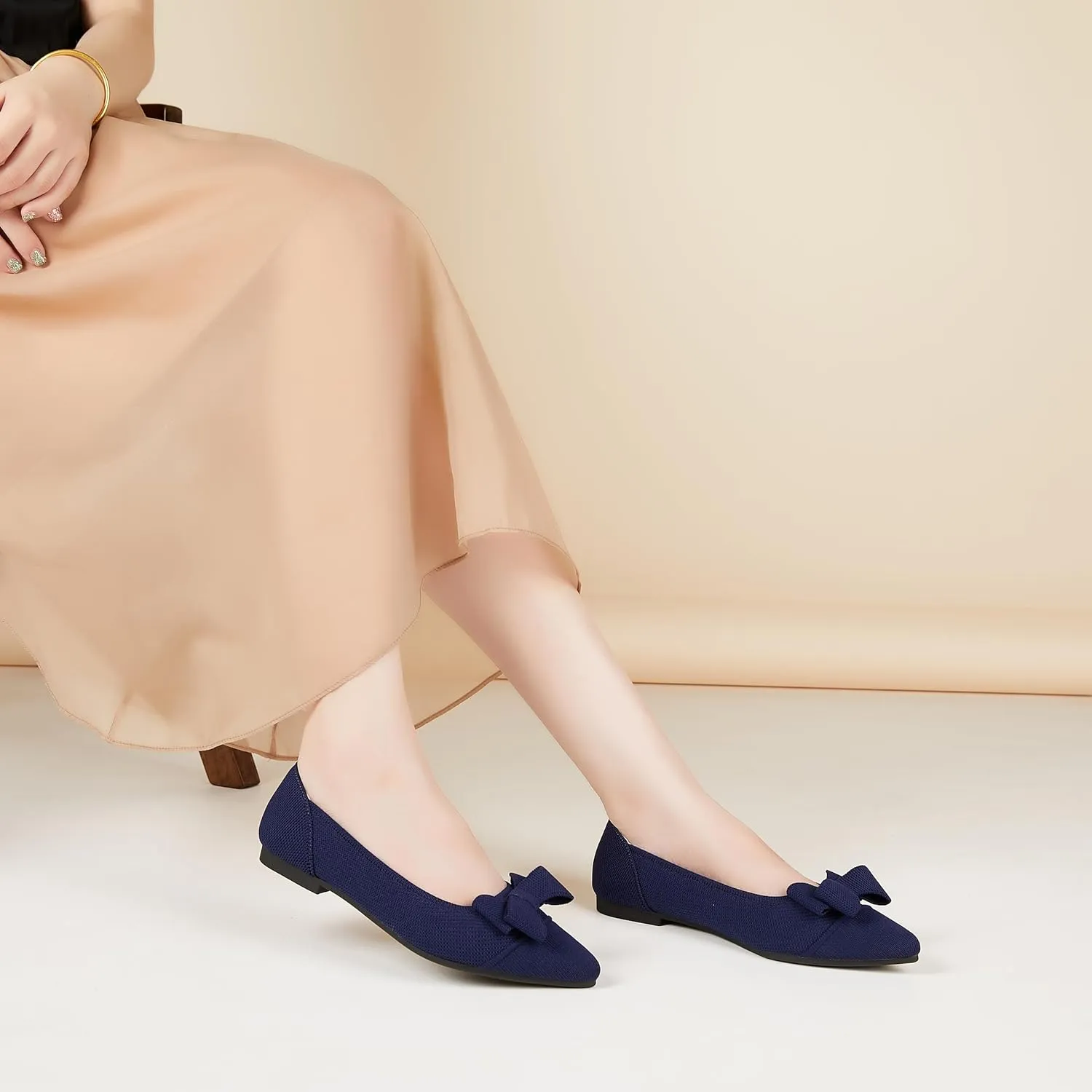 Womens Flats Shoes Pointed Toe Knit Mesh Ballet Flats with Bowknot Comfortable Dressy Washable Flat