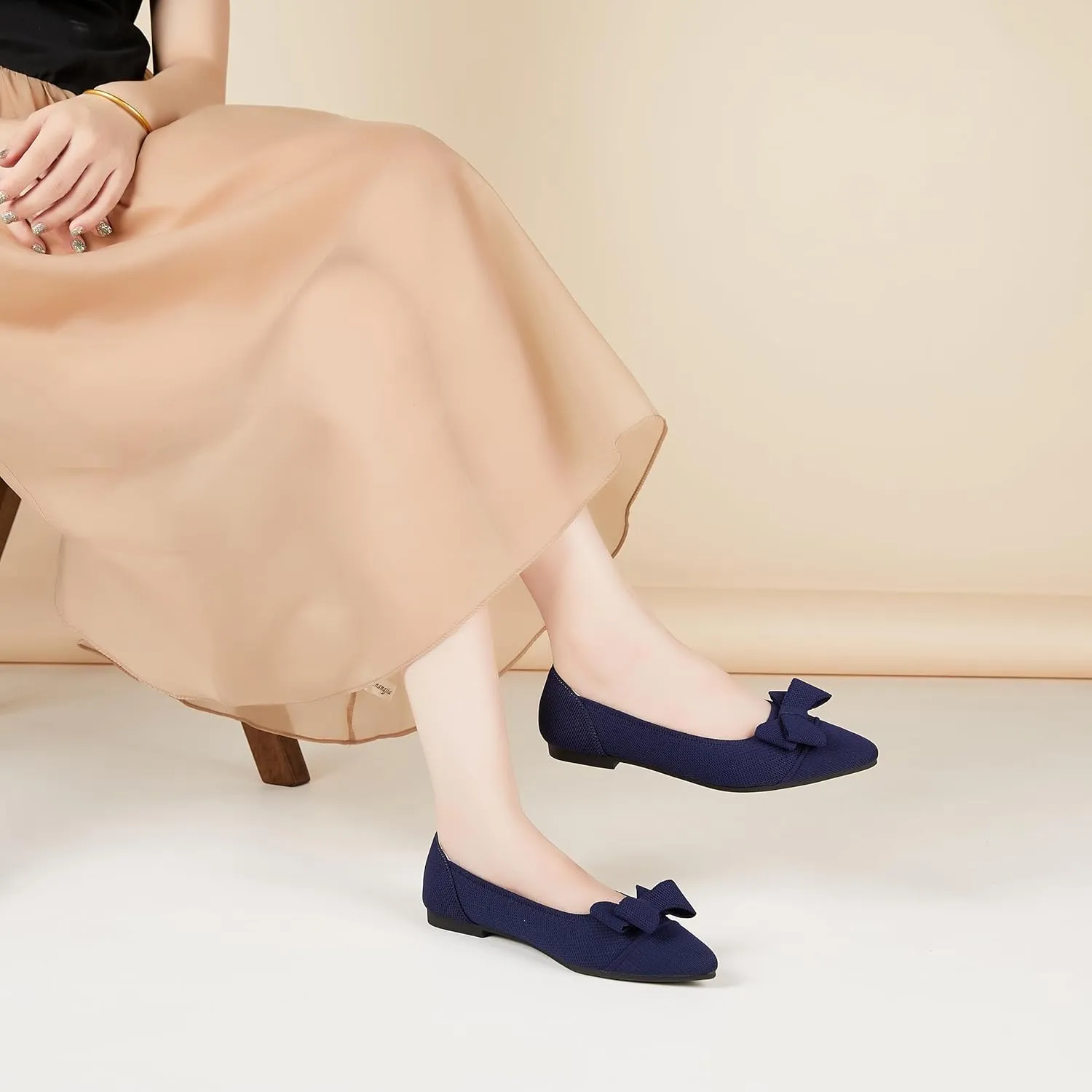 Womens Flats Shoes Pointed Toe Knit Mesh Ballet Flats with Bowknot Comfortable Dressy Washable Flat