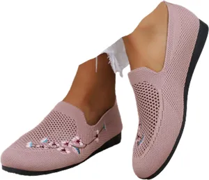 Women's Floral Embroidered Knitted Flat Shoes Casual Breathable Knitted Slip On Loafers National Style Soft Bottom Walking Shoe
