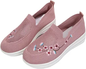 Women's Floral Embroidered Knitted Flat Shoes Casual Breathable Knitted Slip On Loafers National Style Soft Bottom Walking Shoe