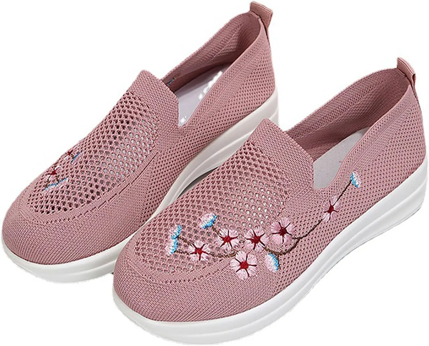 Women's Floral Embroidered Knitted Flat Shoes Casual Breathable Knitted Slip On Loafers National Style Soft Bottom Walking Shoe