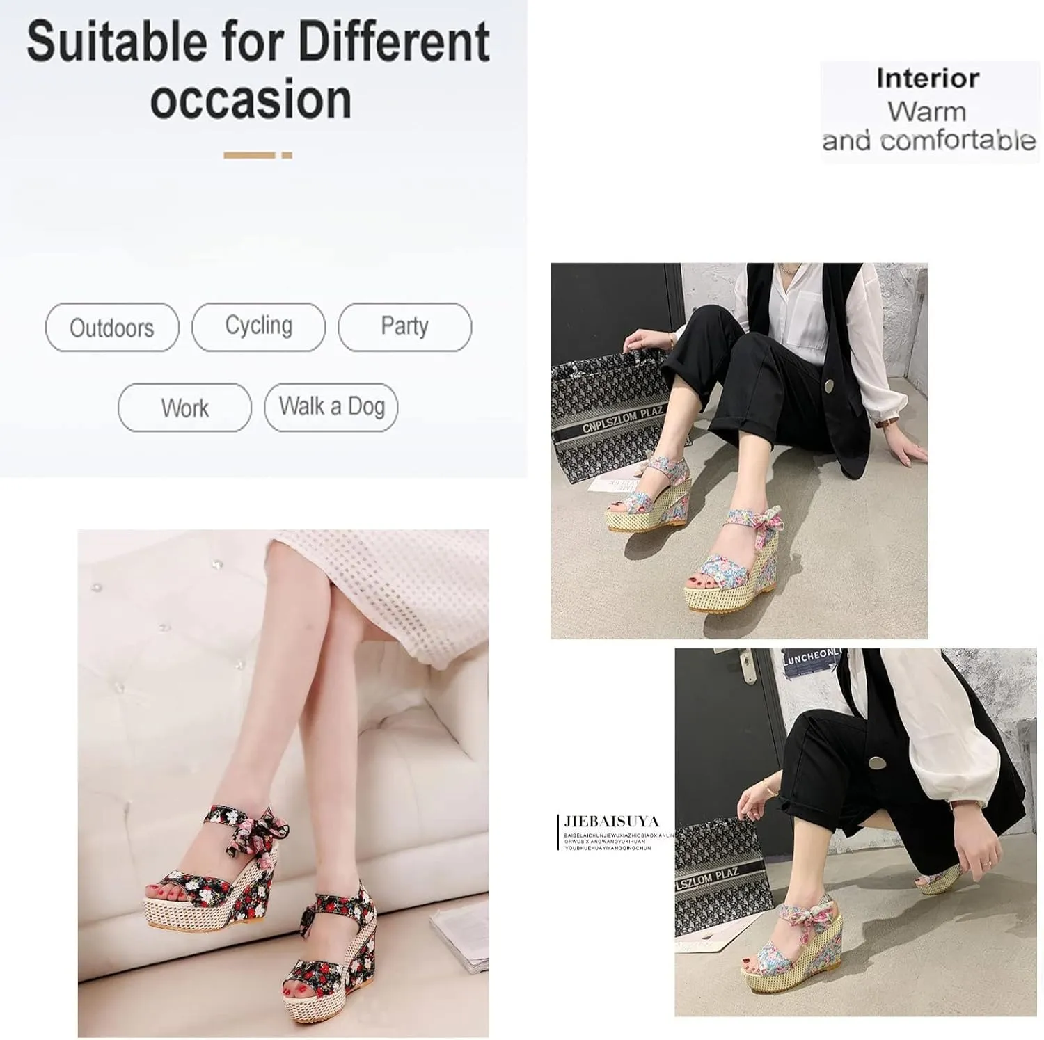 Women's Floral Fish Toe Boho Wedge Sandals,Lace-up Espadrille Open-Toe Slip-On Elasticated Ankle Strap Wedge Sandals.