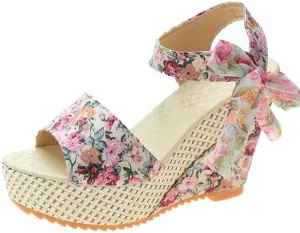 Women's Floral Fish Toe Boho Wedge Sandals,Lace-up Espadrille Open-Toe Slip-On Elasticated Ankle Strap Wedge Sandals.