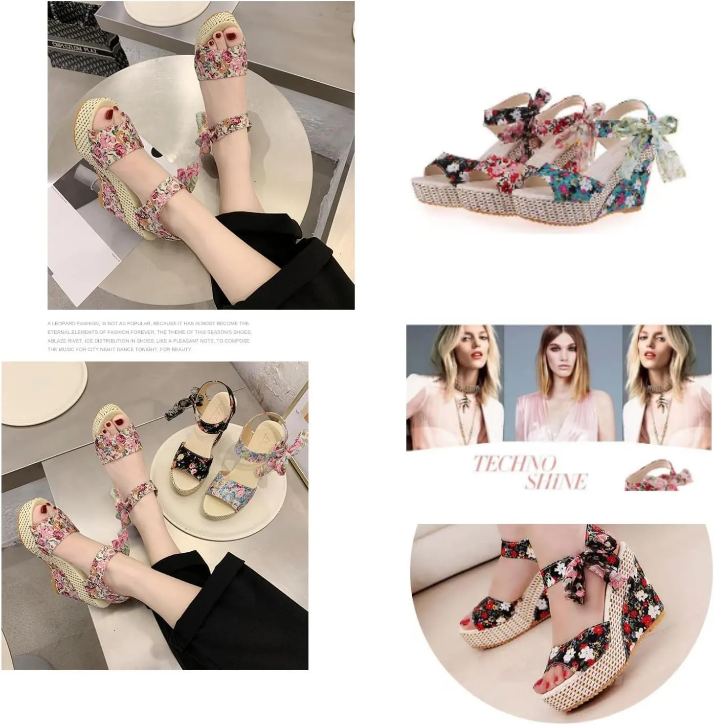 Women's Floral Fish Toe Boho Wedge Sandals,Lace-up Espadrille Open-Toe Slip-On Elasticated Ankle Strap Wedge Sandals.